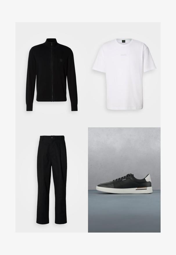 Zwarte ritstrui gemaakt van een zacht breisel, met een staande kraag, lange mouwen en een subtiele, textuur gevende logo patch op de borst.; Witte katoenen T-shirt met korte mouwen, ronde halslijn en reliëf 'BOSS' logo op de borst. Veilig textuur, standaard pasvorm.; Zwarte rechte broek met een knoopsluiting, lusjes voor een riem en een voornaad, gepresenteerd tegen een effen witte achtergrond.; Zwarte leren sneaker met witte zool, voorzien van perforaties, vetersluiting, logo aan de zijkant en contrasterend hieldetail in wit en bruin.