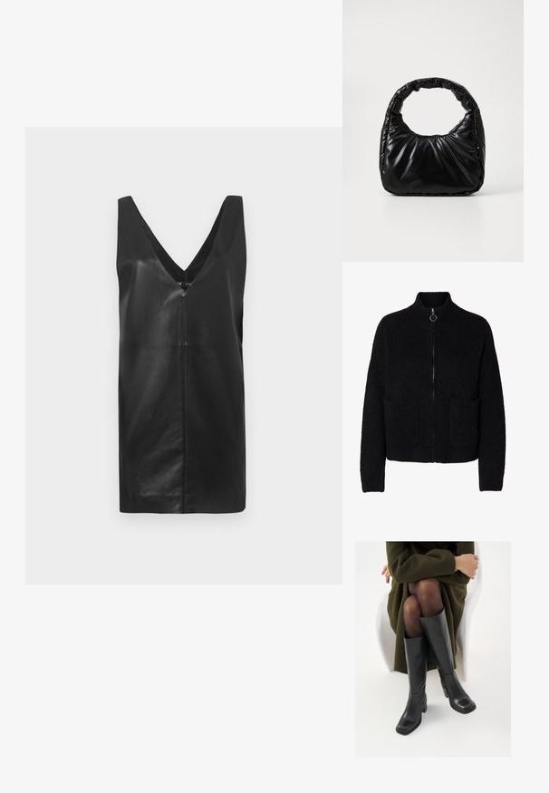 Sort, flosset lynlås-sweater med høj krave, to forlommer og rund metal lynlåstrækker.; Sort ærmeløs læderkjole med dyb V-udskæring og midterste sømdetalje, præsenteret mod en ensfarvet hvid baggrund.; Knæhøje sorte læder støvler med firkantet tå og blokhæl, vist med en model siddende i en olivengrøn frakke. Glat tekstur, minimal detaljer.; Sort polstret håndtaske med et rundt håndtag, der har en glat, skinnende overflade og en blød, kviltet tekstur. Ingen synlige hardware eller accenter.