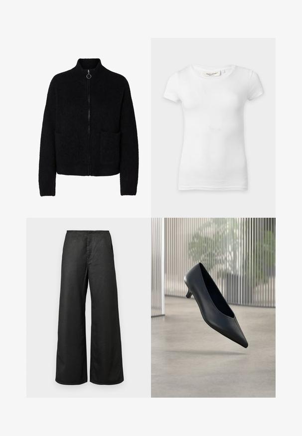 Sort, flosset lynlås-sweater med høj krave, to forlommer og rund metal lynlåstrækker.; Plain hvid kortærmet tætsiddende t-shirt med rund halsudskæring, vist på en flad overflade.; Sorte bredbenede bukser med forlommer og høj talje, lavet af et glat stof, præsenteret mod en ensfarvet lys baggrund.; Sort spids tå kitten heel sko, der svæver over en glat betongulv med lodrette gennemsigtige paneler i baggrunden.