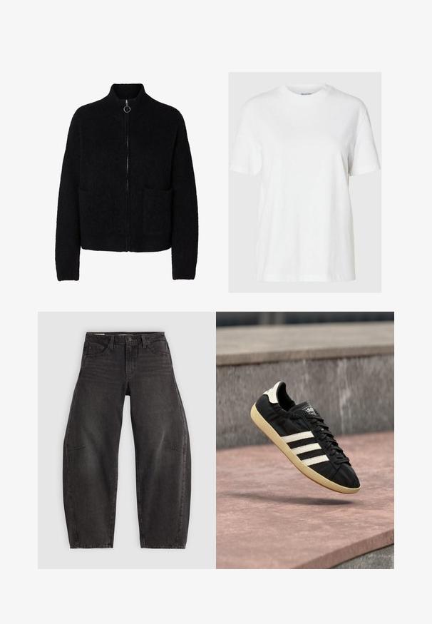 Pull noir duveteux à fermeture éclair avec col haut, deux poches avant et tirette ronde en métal.; T-shirt en coton blanc avec des manches courtes et un col rond. Présente une coupe décontractée et un design minimal sans motifs ni accents.; Jean en denim noir avec une coupe décontractée, comportant cinq poches, une fermeture à bouton et un léger dégradé. Le tissu a une texture lisse et résistante.; Baskets Adidas noires avec des bandes blanches et une semelle beige, capturées en plein air au-dessus d'une surface en pierre et d'un mur en pierre en arrière-plan.