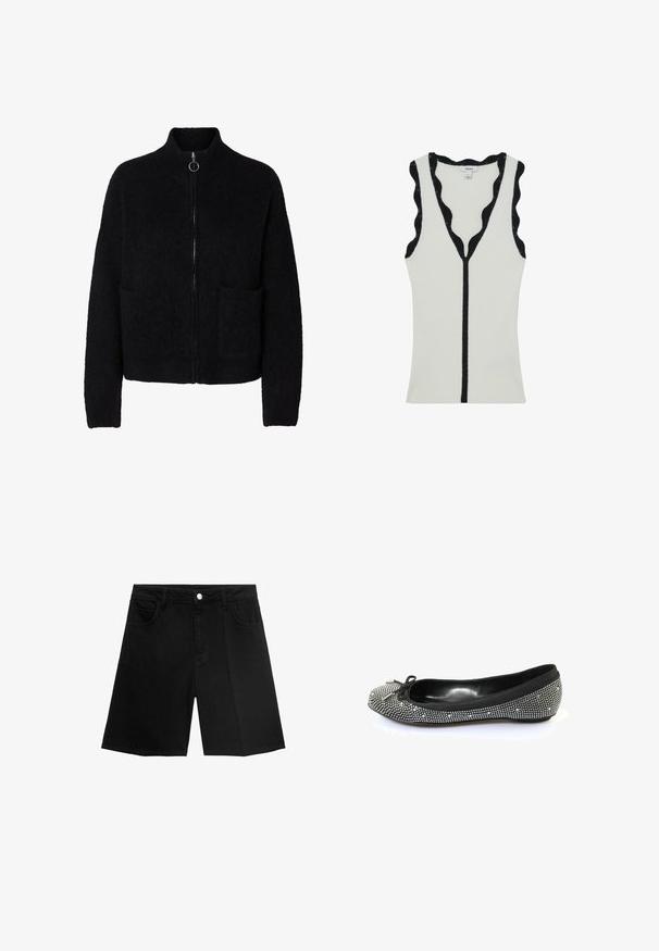 Sort, flosset lynlås-sweater med høj krave, to forlommer og rund metal lynlåstrækker.; Ærmeløs hvid ribbet top med dyb V-hals og sort bølget kant langs halsudskæring, ærmegab og midten foran.; Sorte denim shorts med lige snit, fem lommer og sølvfarvet knaplukning. Glat tekstur med minimal syning.; Buffalo GLAM - Ballerinasko - black silver