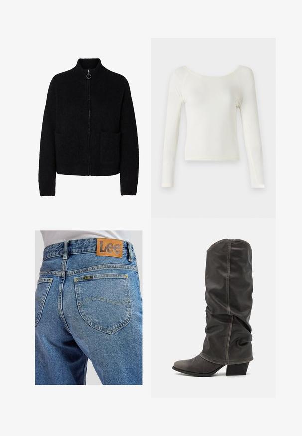 Sort, flosset lynlås-sweater med høj krave, to forlommer og rund metal lynlåstrækker.; Langærmet, off-white trøje lavet af blødt stof med rund halsudskæring og tætsiddende design; har minimale sømme og en glat overflade.; Blå denimbukser med baglommer med gule syninger og et brunt lædermærke med Lee-brand på linningen.; Grå læder støvler op til læggen med et slouchy design, spidse tæer og stablet hæl. Bemærkelsesværdig syning detalje ved tåområdet.