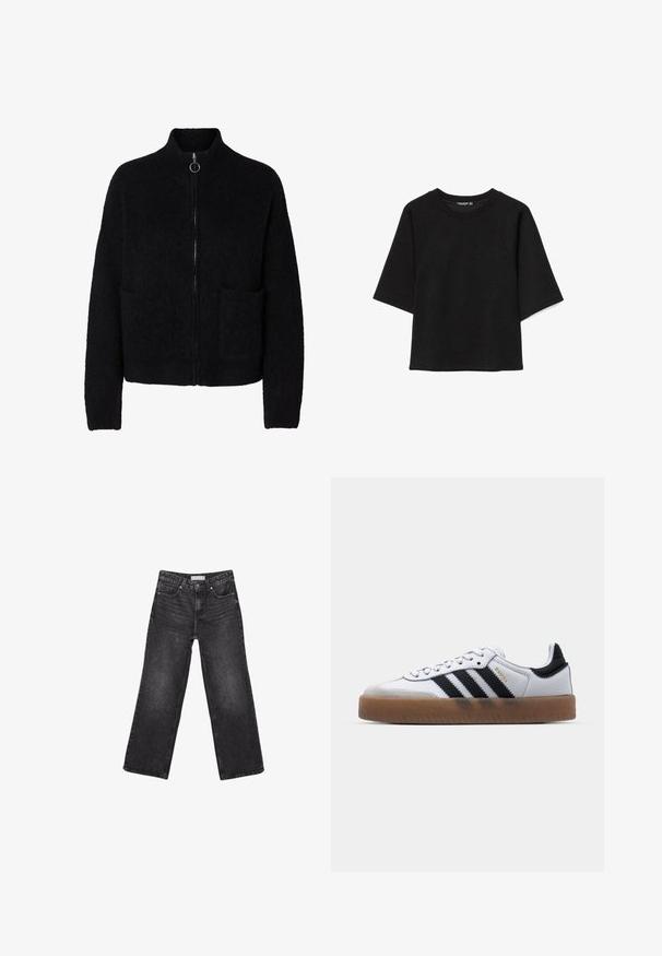 Pull noir duveteux à fermeture éclair avec col haut, deux poches avant et tirette ronde en métal.; Sweat-shirt noir surdimensionné à manches courtes, col rond et coupe décontractée, présenté sur un fond blanc.; Jean noir à jambes larges avec poches avant et arrière, fermeture par bouton et passants de ceinture, posé à plat sur fond blanc.; Baskets en cuir blanc avec des rayures noires, semelle extérieure en caoutchouc beige, bout rond, fermeture lacée et embout en suède gris doux.