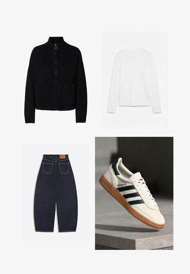 Sort, flosset lynlås-sweater med høj krave, to forlommer og rund metal lynlåstrækker.; Helt hvid langærmet t-shirt med rund hals lagt fladt på en hvid overflade, der viser fronten og hele ærmelængden.; Mørkeblå vidde denimjeans set bagfra med to påsyede lommer og et brunt lædermærke på linningen.; Hvide ruskinds sneakers med marineblå striber, gummisål, struktureret overdel, rund tå og snøring; har branding på siden og tungen.
