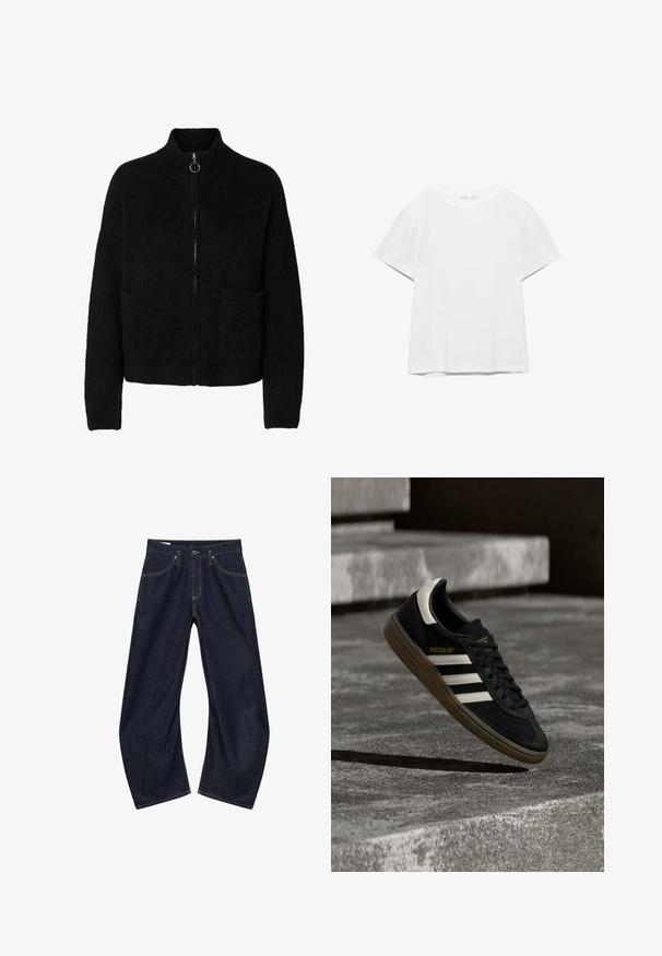 Sort, flosset lynlås-sweater med høj krave, to forlommer og rund metal lynlåstrækker.; Hvid, kortærmet T-shirt med rund hals og lige kant, vist på en hvid baggrund.; Mørkeblå vidde cowboybukser med forlommer, bæltestropper og knaplukning, lagt fladt på en hvid baggrund.; Sort Adidas-sneaker med hvide striber og gummisåler, svævende over grå betontrapper i naturligt lys.