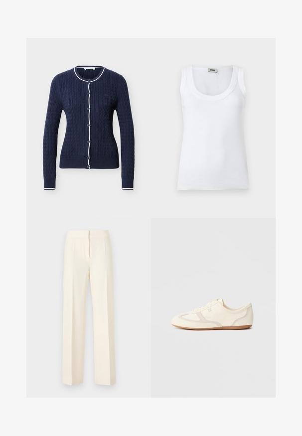 Cardigan bleu marine en maille torsadée avec bordure blanche sur le col, la patte de boutonnage et les poignets, doté de boutons sur le devant et de manches longues.; Débardeur blanc côtelé sans manches avec encolure dégagée et étiquette de marque au dos du col, présenté sur un fond blanc uni.; Pantalon droit sur mesure couleur blanc cassé avec pli avant, ceinture et fermeture avant dissimulée sur un fond uni.; Baskets couleur crème avec une tige en daim et tissu, un bout arrondi, et une semelle en caoutchouc avec un détail accent beige. Fermeture à lacets.