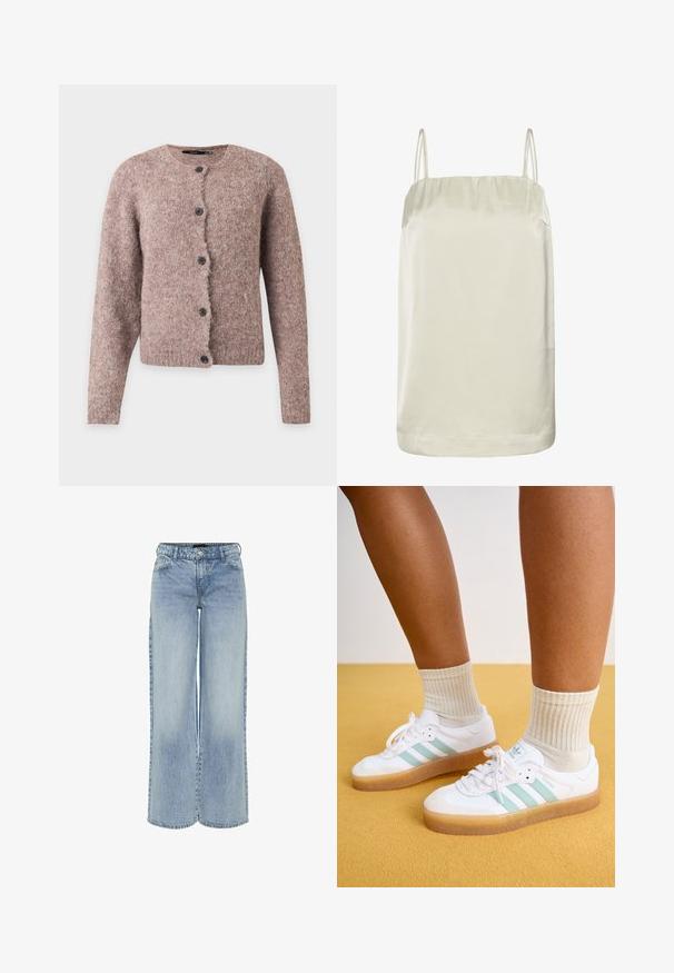 Blød lyserødbrun korthåret cardigan med lange ærmer, rund halsudskæring og fem sorte knapper foran.; Ærmeløs beige satin top med tynde dobbelte skulderstropper og en lige halsudskæring.; Lyseblå bred-benet denim jeans med høj talje, fem lommer og subtil blegnings. Har bæltestropper og lynlås-lukning.; Hvite sneakers med mintgrønne striber, gummisål og snørebånd, parret med ribbede cremefarvede sokker. Sat mod en gul baggrund.