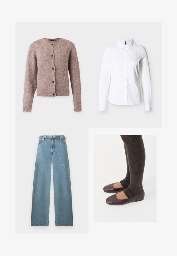 Zachte roze-bruin pluizige cardigan met lange mouwen, ronde halslijn en vijf zwarte knopen aan de voorkant.; Witte blouse met lange mouwen en knoopsluiting, met een puntige kraag, plat neergelegd op een lichtgrijze achtergrond.; Lichtblauwe denim jeans met wijde pijpen, een hoge taille, riemlussen, een knoopsluiting aan de voorkant en een rits, afgebeeld op een witte achtergrond.; Bordeaux lakleren ballerina's met een vierkante neus, gecombineerd met donkerbruine geribbelde sokken die tot halverwege de kuit reiken.