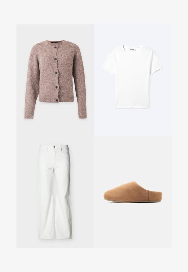 Blød lyserødbrun korthåret cardigan med lange ærmer, rund halsudskæring og fem sorte knapper foran.; Ensfarvet hvid t-shirt med korte ærmer og rund halsudskæring med en lille "WEEKDAY" label indeni halskanten, vist fladt på en lys baggrund.; Hvide jeans med høj talje og lige ben, med forreste knap, lynlåslukning samt sidelommer og baglommer, mod en ensartet lys baggrund.; Tan ruskind slip-on hjemmesko med lukket tå, åben hæl, flad sål og lille UGG-logo på siden, vist i profil.