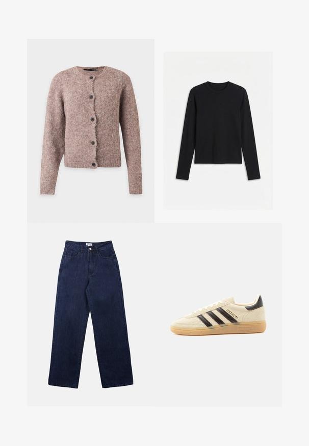 Cárdigan suave de color marrón rosado peludo con mangas largas, escote redondo y cinco botones negros en la parte delantera.; Camiseta negra de manga larga con cuello redondo y diseño ajustado y sencillo, mostrada sobre fondo blanco.; Pantalones de mezclilla azul oscuro con un diseño de pierna recta, que cuentan con un cierre frontal de botón, pasadores para cinturón y dos bolsillos frontales.; Zapatilla de ante color crema con rayas negras, suela de goma, lengüeta negra en el talón y texto dorado "SPEZIAL" en el lateral.