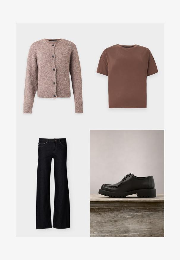 Cárdigan suave de color marrón rosado peludo con mangas largas, escote redondo y cinco botones negros en la parte delantera.; Camiseta marrón de manga corta con cuello redondo, ajuste holgado, diseño sencillo y sin logotipos ni patrones visibles sobre un fondo blanco liso.; Vaqueros de pierna ancha en negro con bolsillos delanteros, cierre de botón y costuras visibles, presentados sobre un fondo blanco liso.; Zapato negro de cuero con cordones y suela gruesa con estrías flotando sobre un banco de madera al aire libre con fondo de follaje verde.