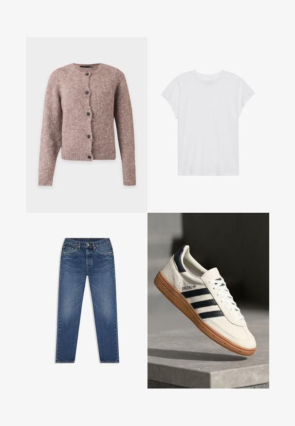 Cardigan doux rose-brun duveteux avec manches longues, col rond et cinq boutons noirs sur le devant.; T-shirt blanc à manches courtes, col rond, coupe décontractée, en tissu de coton doux. Texture lisse, sans motifs ni logos.; Jean en denim bleu avec une coupe droite, présentant un système de fermeture à bouton et à glissière, cinq poches et un léger effet délavé.; Baskets en daim blanc avec des bandes navy, semelle en caoutchouc gomme, tige texturée, bout rond et lacets ; arbore un logo sur le côté et sur la languette.