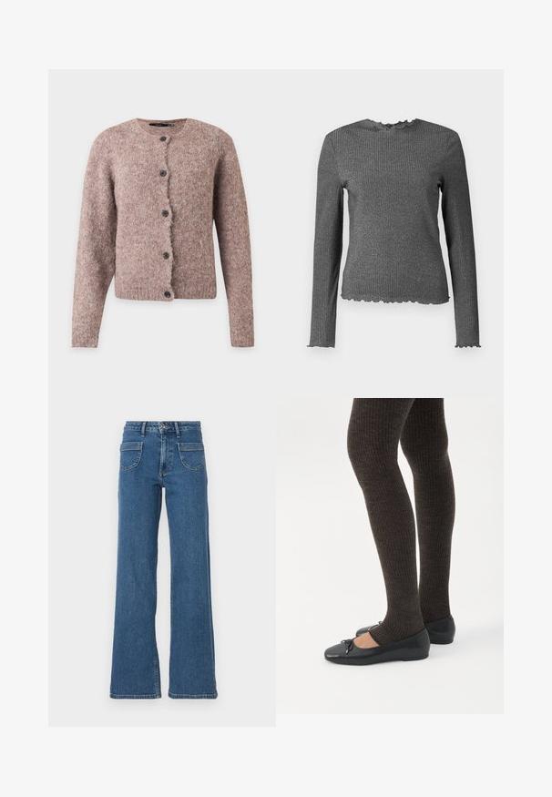Cárdigan suave de color marrón rosado peludo con mangas largas, escote redondo y cinco botones negros en la parte delantera.; Top de punto acanalado de mangas largas en gris oscuro, con puños, escote y dobladillo de borde rizado.; Jeans de denim azul de pierna ancha con cintura alta, cinco bolsillos, cierre frontal con botón y un acabado ligeramente desvanecido. Los dobladillos y costuras cosidos son visibles.; Piernas con leggings oscuros acanalados combinados con bailarinas negras que presentan pequeños detalles de lazo sobre un fondo blanco.