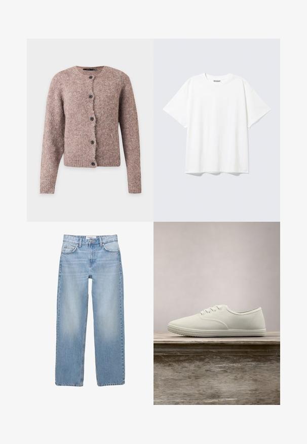 Zachte roze-bruin pluizige cardigan met lange mouwen, ronde halslijn en vijf zwarte knopen aan de voorkant.; Witte T-shirt met korte mouwen en een ronde hals, met een relaxte pasvorm en een "WEEKDAY" label aan de binnenkant achter bij de hals.; Lichtblauwe denim jeans met een recht model, vijf zakken en zichtbare stiksels. De stof heeft een zachte, iets vervaagde textuur.; Witte canvas sneakers met een ronde neus, zes veterogen en een gestructureerde rubberen zool, zwevend boven een houten oppervlak met groene gras op de achtergrond.