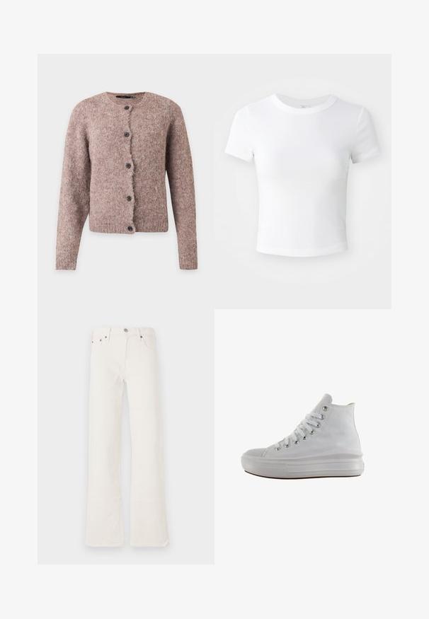 Cárdigan suave de color marrón rosado peludo con mangas largas, escote redondo y cinco botones negros en la parte delantera.; Camiseta corta de manga corta blanca, con cuello redondo, exhibida sobre un fondo neutral claro.; Jeans acampanados blancos hechos de denim, con cintura alta, cinco bolsillos y costuras de doble puntada, adornados con herrajes en tono cobre.; Zapatilla de lona blanca de caña alta con cordones blancos, ojales metálicos, suela gruesa de goma y puntera texturizada, mirando hacia la izquierda sobre un fondo blanco.