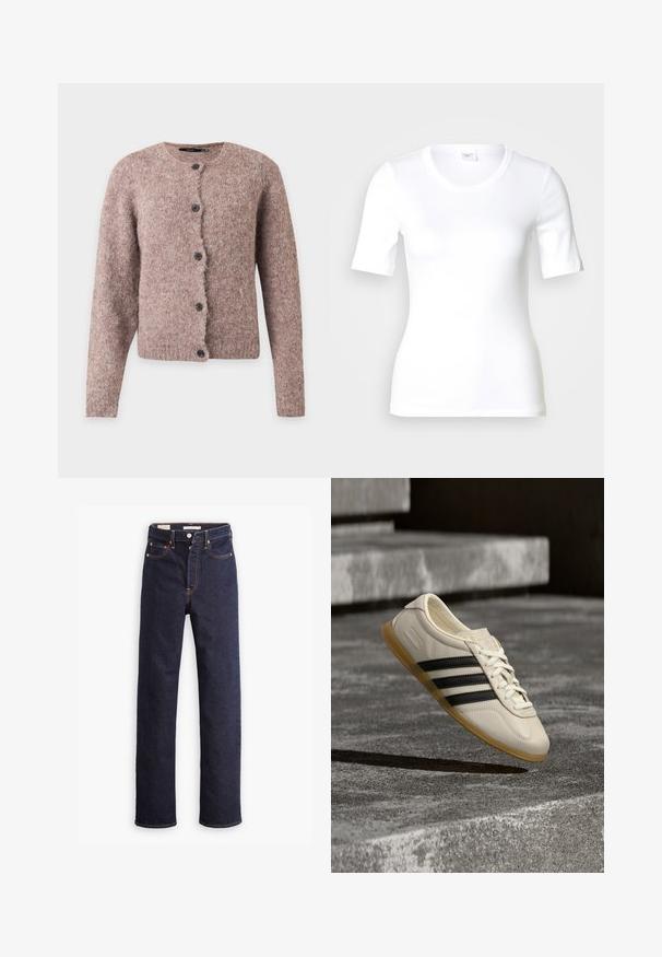 Zachte roze-bruin pluizige cardigan met lange mouwen, ronde halslijn en vijf zwarte knopen aan de voorkant.; Wit T-shirt met korte mouwen van glad katoen, met een ronde halslijn en een aangesloten pasvorm. Klassiek ontwerp, zonder patronen of accenten.; Donkerblauwe straight-leg denim jeans met vijf zakken en zichtbare oranje stiksels op een witte achtergrond.; Witte sneaker met zwarte strepen en rubberen zool zwevend boven betonnen trap in zacht daglicht.