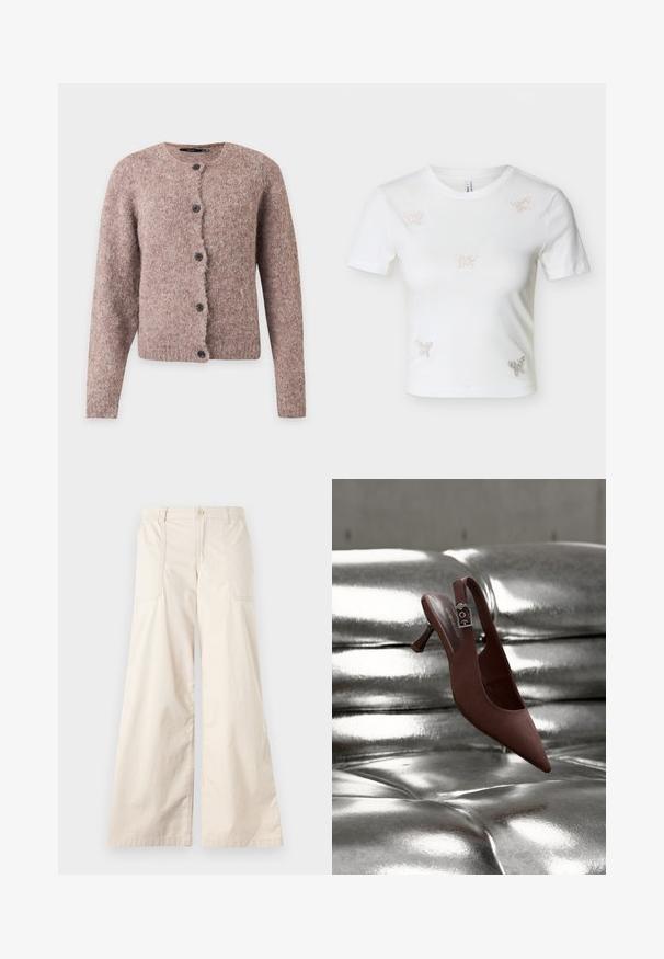 Blød lyserødbrun korthåret cardigan med lange ærmer, rund halsudskæring og fem sorte knapper foran.; Hvid kortærmet cropped t-shirt med fem små rhinsten sommerfugledekorationer på fronten.; Beige vidde benbukser med knaplukning, elastisk talje og to sidelommer. Glat bomuldsstof med en blød tekstur.; Brun spids slingback-sko med lav hæl og spænde, hvilende på en skinnende, metallisk sølv tuftet overflade.