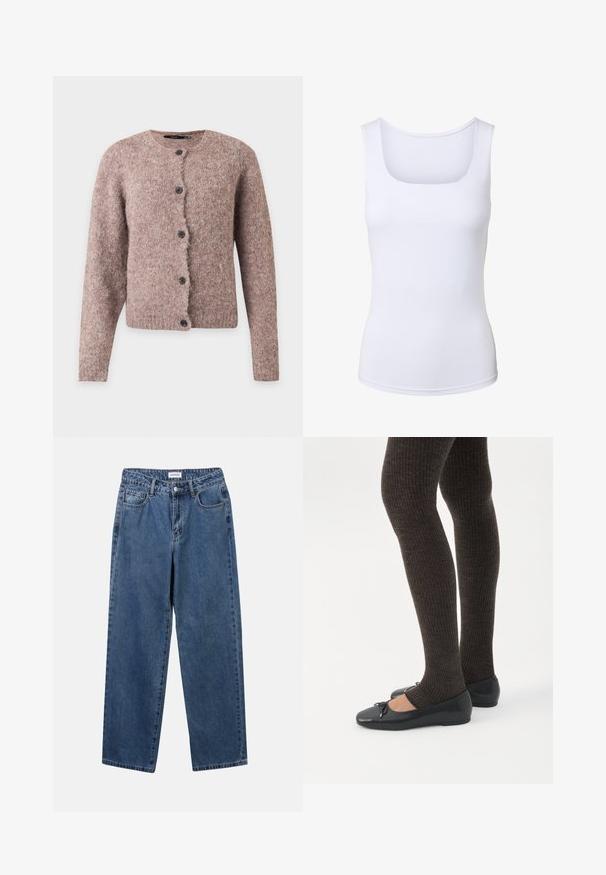 Cardigan doux rose-brun duveteux avec manches longues, col rond et cinq boutons noirs sur le devant.; Débardeur blanc sans manches avec un col carré, une silhouette ajustée et une texture de tissu lisse.; Jean en denim bleu classique avec une coupe droite, cinq poches et une fermeture par bouton. Présente un lavage moyen et une texture robuste.; Jambes portant des leggings côtelés foncés associés à des ballerines noires avec de petits détails en nœud sur fond blanc.