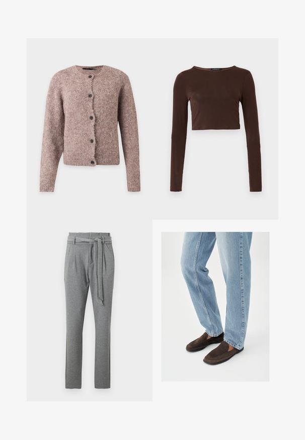 Blød lyserødbrun korthåret cardigan med lange ærmer, rund halsudskæring og fem sorte knapper foran.; Brun langærmet cropped top lavet af glat materiale, med en rund halsudskæring og tætsiddende design. Ingen synlige mønstre eller accenter.; Grå bukser med en glat tekstur, der har en høj talje med bælte, sidelommer og en lige ben design.; Brune ruskinds slip-on sko med en glat tekstur, der har en rundet tå og minimal syning, kombineret med lyseblå denimjeans.