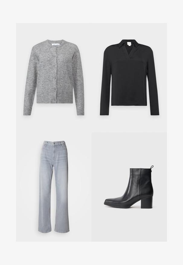 Grå uldcardigan med knapper, ribbede manchetter og kant. Rund halsudskæring, blød tekstur, tætsiddende design. Ingen synlige mønstre eller accenter.; Langærmet sort skjorte i glat stof, med en klippet krave og en afslappet pasform. Simpelt design uden synlige mønstre eller detaljer.; Lys grå vidde jeans med høj talje, lavet af denim. Har forlommer, lynlås og subtil falmen over det hele.; Sort læder ankelstøvle med firkantet tå, slank blokhæl og bageste løkke for nem påtagning. Glat tekstur og minimalistisk design.