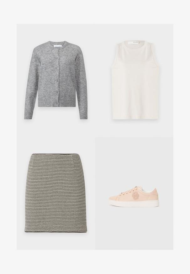 Cárdigan de lana gris con botones, puños y dobladillo acanalados. Cuello redondo, textura suave, diseño ajustado. Sin patrones o acentos visibles.; Top blanco sin mangas hecho de tela suave y lisa. Presenta un escote redondo y un diseño sencillo sin adornos ni patrones.; Minifalda de corte recto con estampado pata de gallo en blanco y negro, con cintura alta y sin adornos ni bolsillos visibles.; Zapatilla rosa claro hecha de cuero suave, con un logo texturizado en el lateral, suela blanca y diseño de puntera redonda con ojales.