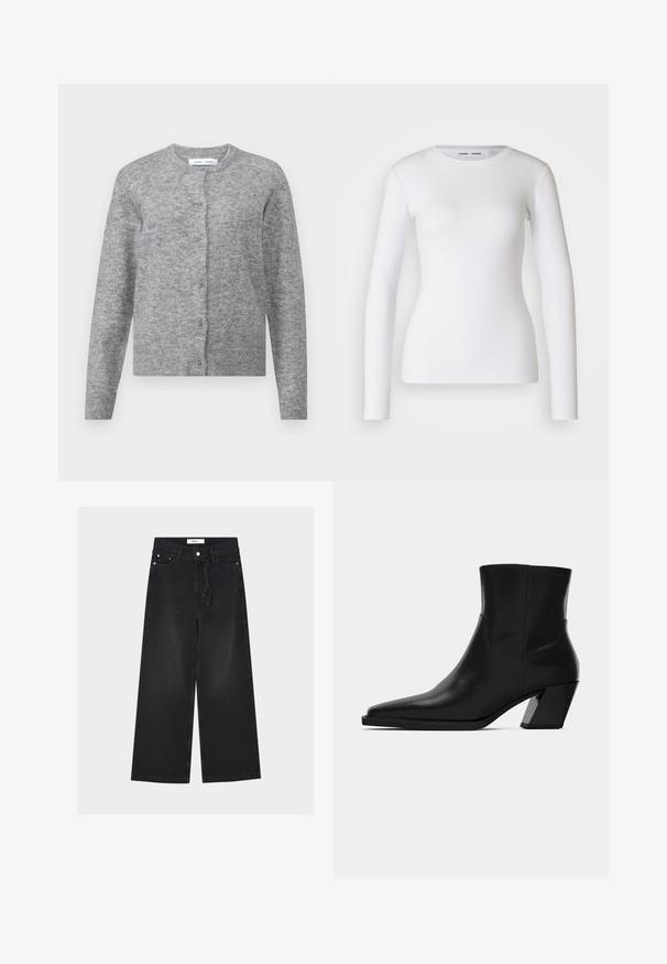 Grå uldcardigan med knapper, ribbede manchetter og kant. Rund halsudskæring, blød tekstur, tætsiddende design. Ingen synlige mønstre eller accenter.; Hvid langærmet skjorte lavet af ribbet stof, med runde udskæring og tætsiddende pasform. Ingen mønstre eller accenter er til stede.; Sorte vidde jeans med høj talje, bæltestropper, forreste knap- og lynlåslukning samt et stofbælte bundet i taljen.; Sortlæder ankelstøvle med spids tå, en slank silhuet og en kraftig firkantet hæl. Glat tekstur med minimale stikninger.