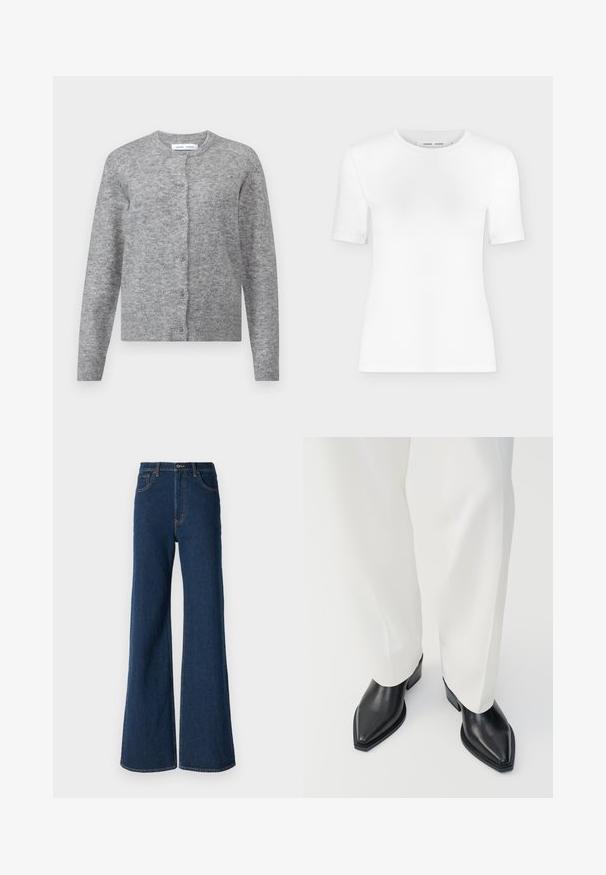 Cárdigan de lana gris con botones, puños y dobladillo acanalados. Cuello redondo, textura suave, diseño ajustado. Sin patrones o acentos visibles.; Camiseta blanca de manga corta con cuello redondo, ajuste slim y textura de tejido acanalado, mostrada sobre un fondo liso gris claro.; Abercrombie & Fitch Vaqueros boyfriend - rinse; Botas de tobillo negras con punta afilada y acabado de cuero liso, con tacones bajos y bloque, combinadas con pantalones blancos de pierna ancha. Diseño simple y moderno.
