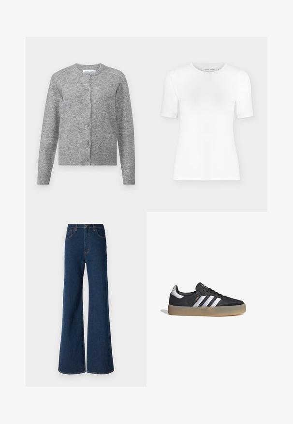 Cárdigan de lana gris con botones, puños y dobladillo acanalados. Cuello redondo, textura suave, diseño ajustado. Sin patrones o acentos visibles.; Camiseta blanca de manga corta con cuello redondo, ajuste slim y textura de tejido acanalado, mostrada sobre un fondo liso gris claro.; Abercrombie & Fitch Vaqueros boyfriend - rinse; Zapatilla deportiva de cuero negro con tres rayas plateadas, punta texturizada y suela de goma. Cuenta con un collar acolchado y un diseño con cordones.