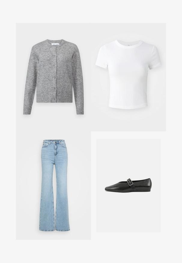 Grå uldcardigan med knapper, ribbede manchetter og kant. Rund halsudskæring, blød tekstur, tætsiddende design. Ingen synlige mønstre eller accenter.; Simpel hvid kortærmet cropped t-shirt med rund halsudskæring, præsenteret på en neutral lys baggrund.; Lyseblå vide jeans lavet af denim, med høj talje, fem-lomme design og en rå kant forneden. Teksturen er let slidt.; Sorte læder flade sko med spidse tæer, prydet med en metallisk spænde over vristen og en lav, fleksibel sål.