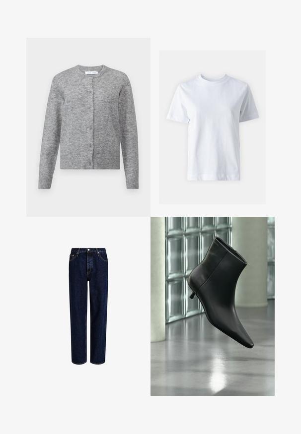 Cárdigan de lana gris con botones, puños y dobladillo acanalados. Cuello redondo, textura suave, diseño ajustado. Sin patrones o acentos visibles.; T-shirt de algodón blanco con cuello redondo, mangas cortas, corte recto y textura suave. Sin patrones ni adornos.; Jeans de mezclilla azul oscuro con un diseño de pierna recta, que presentan una cintura alta, estilo de cinco bolsillos y costuras en contraste. Sin adornos.; Botín negro de cuero con punta puntiaguda y tacón bajo estilo kitten, mostrado en ángulo sobre un suelo pulido y con una pared de bloques de vidrio de fondo.