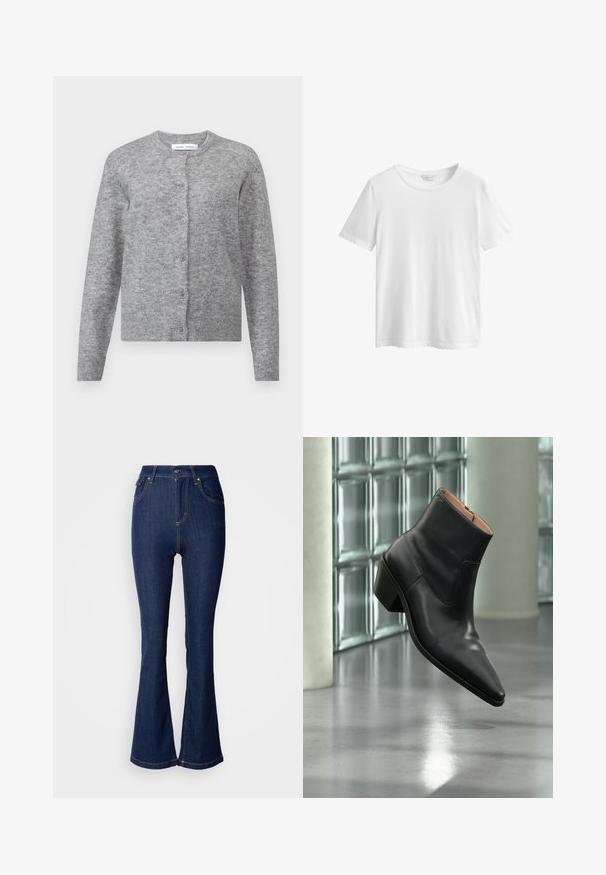 Grijze wollen cardigan met knopen, geribbelde manchetten en zoom. Ronde halslijn, zachte textuur, slimfit ontwerp. Geen zichtbare patronen of accenten.; Effen witte korte mouw katoenen T-shirt met ronde hals en GANT-merklabel binnenin de kraag, afgebeeld op een witte achtergrond.; Donkerblauwe uitlopende jeans van denim met een hoge taille, voorzien van voorzakken, contrasterende stiksels en een knoopsluiting.; Zwarte leren enkellaars met een spitse neus en blokhak die zweeft boven een reflecterende grijze vloer nabij een glazen blokmuur.