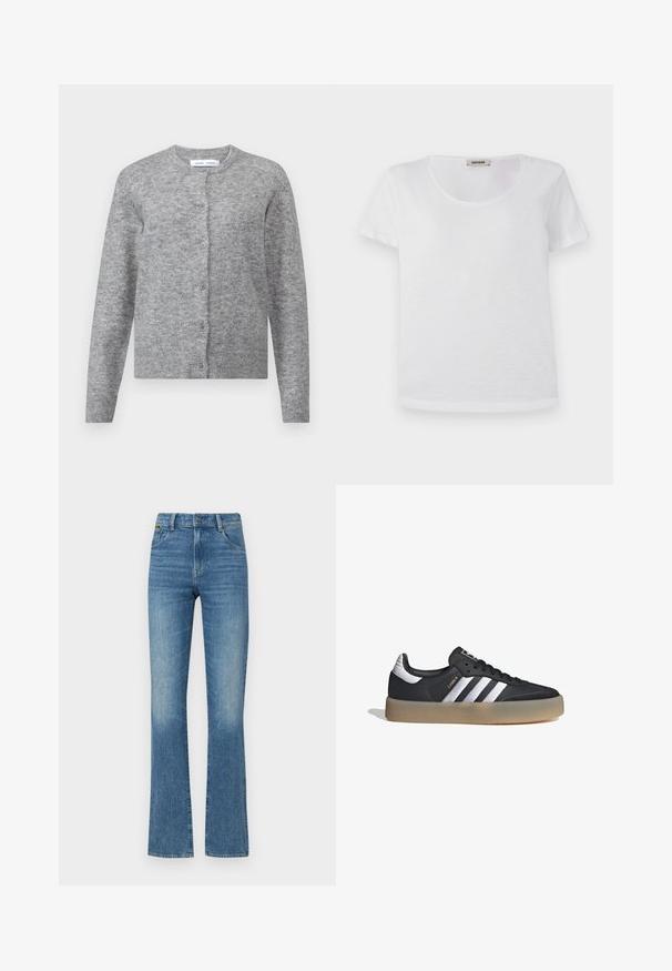 Cárdigan de lana gris con botones, puños y dobladillo acanalados. Cuello redondo, textura suave, diseño ajustado. Sin patrones o acentos visibles.; Camiseta blanca de manga corta, hecha de una tela suave, con cuello redondo y dobladillo recto, sin patrones visibles ni acentos.; Jeans de mezclilla azul acampanados con una textura ligeramente descolorida, cinco bolsillos y un cierre de botón en la cintura. Detalles desgastados cerca de los dobladillos.; Zapatilla deportiva de cuero negro con tres rayas plateadas, punta texturizada y suela de goma. Cuenta con un collar acolchado y un diseño con cordones.