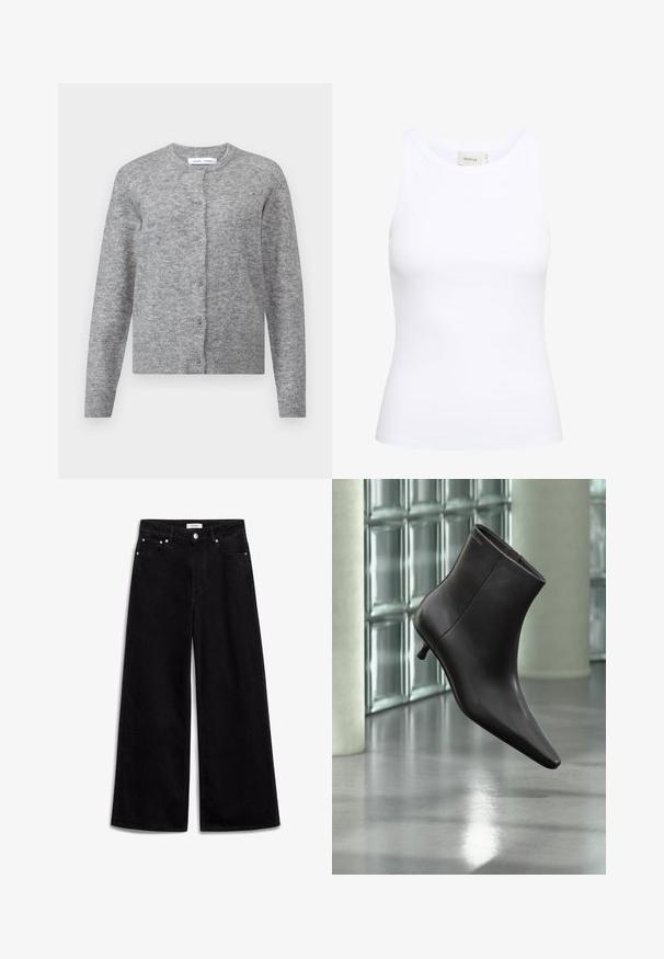 Grijze wollen cardigan met knopen, geribbelde manchetten en zoom. Ronde halslijn, zachte textuur, slimfit ontwerp. Geen zichtbare patronen of accenten.; Witte geribde tanktop met een ronde halslijn en zonder mouwen. Rekbaar materiaal en een aansluitend ontwerp. Het label op de achterkant zegt "GESTUZ."; Zwarte wijde jeans gemaakt van denim, met een hoge taille, vijf zakken en zilveren hardware accenten. Soepele textuur, strakke ontwerp.; Zwarte leren enkellaars met puntige neus en lage hak, afgebeeld tegen een glazen blokkenmuur en gepolijste vloer op de achtergrond.