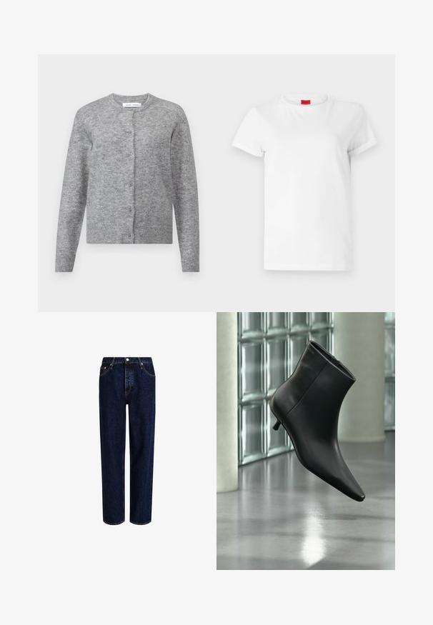 Cárdigan de lana gris con botones, puños y dobladillo acanalados. Cuello redondo, textura suave, diseño ajustado. Sin patrones o acentos visibles.; Camiseta blanca de manga corta hecha de algodón ligero. Presenta un escote redondo y mangas enrolladas. Etiqueta de logo roja en el cuello.; Jeans de mezclilla azul oscuro con un diseño de pierna recta, que presentan una cintura alta, estilo de cinco bolsillos y costuras en contraste. Sin adornos.; Botín negro de cuero con punta puntiaguda y tacón bajo estilo kitten, mostrado en ángulo sobre un suelo pulido y con una pared de bloques de vidrio de fondo.