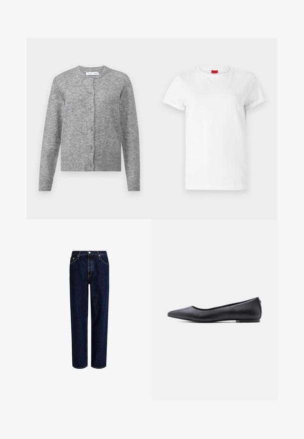 Grå uldcardigan med knapper, ribbede manchetter og kant. Rund halsudskæring, blød tekstur, tætsiddende design. Ingen synlige mønstre eller accenter.; Hvid kortærmet t-shirt lavet af letvægts bomuld. Har en rund halsudskæring og rullede ærmer. Rød logoetiket på kraven.; Mørkeblå denim jeans med lige ben-design, der har høj talje, fem-lomme-stil og kontrastsyninger. Ingen dekorationer.; Sort flad lædersko med spidst tåparti og lav hæl, vist i sideprofil mod en hvid baggrund.