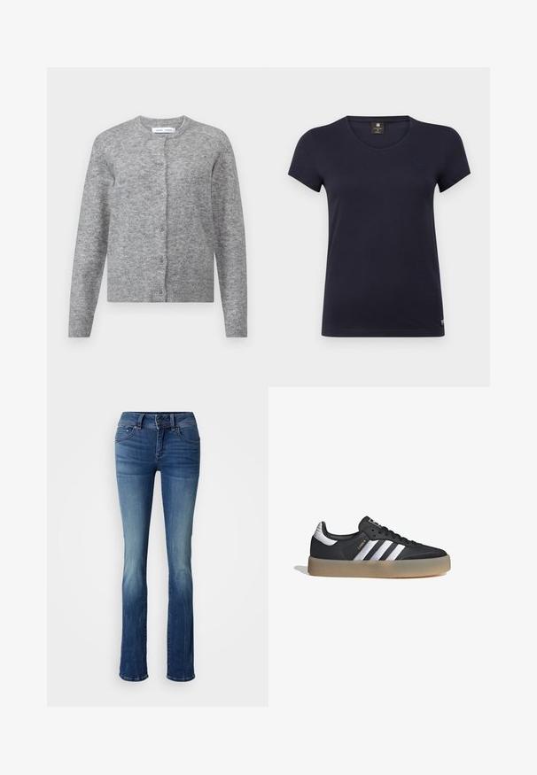 Cárdigan de lana gris con botones, puños y dobladillo acanalados. Cuello redondo, textura suave, diseño ajustado. Sin patrones o acentos visibles.; Camiseta de manga corta azul marino con escote en V, hecha de algodón suave. Presenta un pequeño logotipo en la parte superior izquierda.; Vaqueros acampanados de color azul oscuro con un ligero desvanecimiento, hechos de denim, con un diseño de cinco bolsillos, cierre de botón y trabillas para cinturón.; Zapatilla deportiva de cuero negro con tres rayas plateadas, punta texturizada y suela de goma. Cuenta con un collar acolchado y un diseño con cordones.