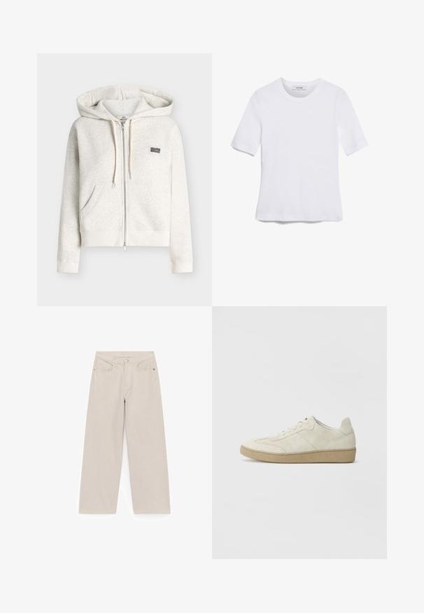 Sweat à capuche zippé beige clair avec poches avant, capuche à cordon, poignets et ourlet côtelés, et un petit logo carré sur la poitrine gauche.; T-shirt blanc à manches courtes en tissu côtelé. Col rond, coupe régulière et détails de couture subtils. Aucune motif ni graphique.; Jean larges beige en coton, avec un design à cinq poches standard, fermeture par bouton et zip, et des détails de couture minimaux.; Baskets en daim beige avec un design texturé, semelle en caoutchouc plate et couture latérale distincte. Bout arrondi et col rembourré.