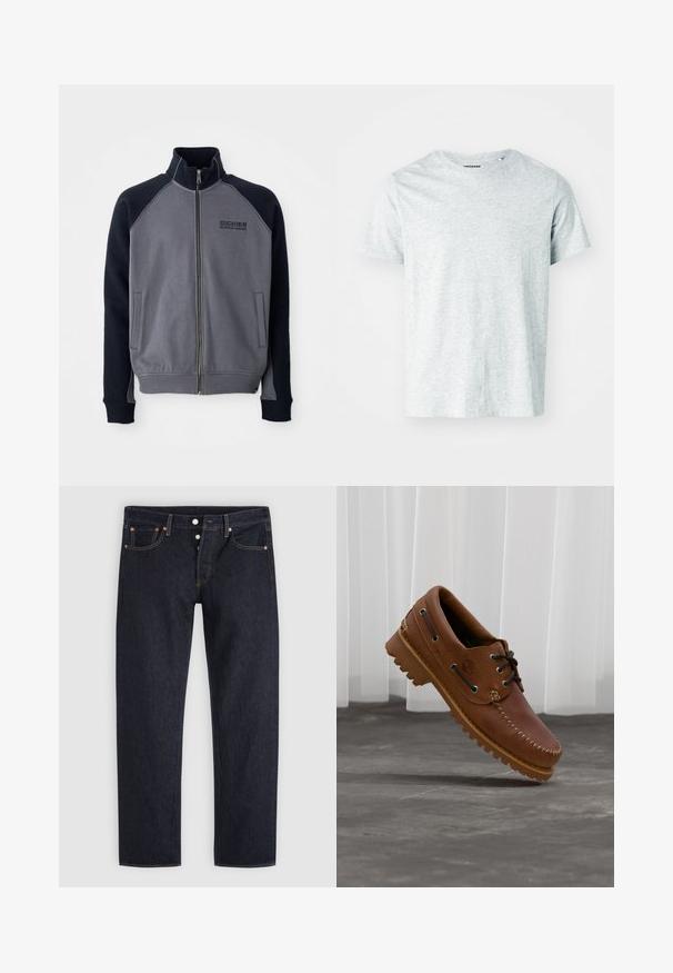 Veste zippée grise et noire avec col haut, deux poches frontales et logo "Dickies Workwear Company" sur la poitrine.; T-shirt gris clair à manches courtes en tissu doux, avec un col rond et une coupe légèrement décontractée. Aucun motif ou graphique visible.; Jean droit bleu foncé avec braguette à boutons, poches avant et arrière, et détails en rivets de cuivre sur un fond gris clair.; Chaussure de bateau en cuir marron avec des lacets noirs, des coutures beiges et une semelle robuste, suspendue au-dessus d'un sol en béton gris.