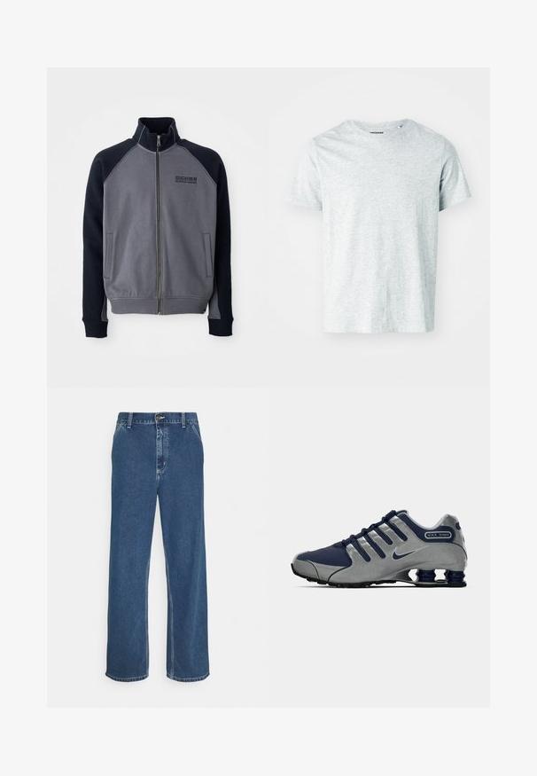 Hallideheline ja must tõmblukkidega jope kõrge kraega, kaks eesmist taskut ja "Dickies Workwear Company" logo rinnal.; Heled hõbehall lühikeste varrukatega T-särk, mis on valmistatud pehmest kangast. Särgile on iseloomulik ümar kaelus ja veidi lõdvestatud istuvus. Silmaga nähtavad mustrid ega graafika puuduvad.; Sinine teksapüksid sirge lõike, viie tasku disaini, metallnõela sulgemise ja nähtava nõelumisega õmbluste ja servade ääres.; Tumesinised ja hõbedased Nike Shox tossud pehmendatud tallaga, stiilse disainiga ja viie elastse paelaga; tekstureeritud pealmine osa ja logoga detail kandadel.