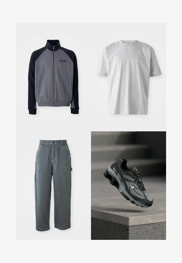 Graue und schwarze Zip-Jacke mit hohem Kragen, zwei Vorderaschen und "Dickies Workwear Company"-Logo auf der Brust.; Graues T-Shirt mit kurzen Ärmeln aus weichem Stoff. Verfügt über einen runden Ausschnitt und ein dezentes, auf der Vorderseite gesticktes Logo.; Dunkelgraue gerade Arbeitshosen mit Gürtelschlaufen, vorderem Knopf und Reißverschluss, Seitentaschen und einer Hammer-Schlaufe am rechten Bein.; Grauer und schwarzer Sportschuh mit Netzpaneelen und dicker Sohle, schwebend in der Luft über einer Betonmauer mit Treppen im Hintergrund.