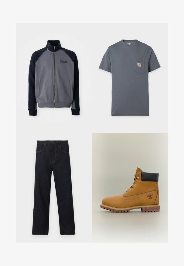 Veste zippée grise et noire avec col haut, deux poches frontales et logo "Dickies Workwear Company" sur la poitrine.; T-shirt gris à manches courtes avec une poche avant comportant un petit patch carré du logo Carhartt sur la poitrine.; Jean droit bleu foncé avec bouton et fermeture éclair à l'avant, doté de poches et de surpiqûres contrastantes orange.; Bottine en cuir marron avec col noir, lacets jaunes et semelle beige. Présente un logo et des détails de couture blanche. Semelle extérieure à traction robuste.