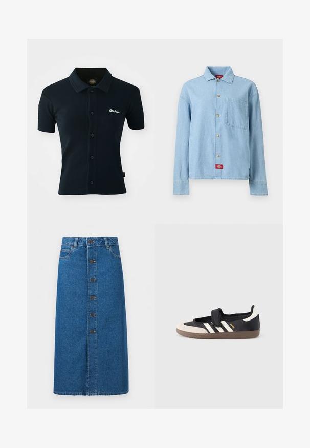 Mustapaita, joka on valmistettu ribbed-kankaasta. Siinä on lyhyet hihat, kaulus ja nappilista, jossa on valkoinen brodeerattu logo rinnassa.; Vaaleansininen denim-paita, jossa pitkät hihat, edessä napit, yksi rintatasku ja punainen logolapun tavainen lähellä alareunaa.; Sininen farkkumidihame, jossa on etupuolen napitus, vyölenkit ja sivutaskut, esitetty yksivärisellä valkoisella taustalla.; Musta ja beige tennari, jossa on tarrakiinnitys, kolme valkoista raitaa sivulla ja teksturoitu ruskea kumipohja. Brändin logo näkyvissä.