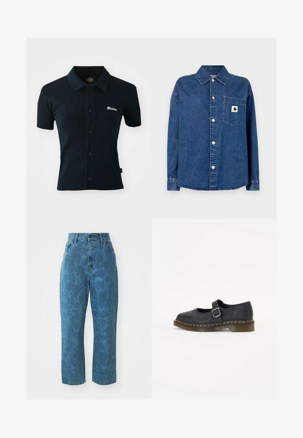 Mustapaita, joka on valmistettu ribbed-kankaasta. Siinä on lyhyet hihat, kaulus ja nappilista, jossa on valkoinen brodeerattu logo rinnassa.; Tummansininen denim-paita, jossa nappikiinnitys edessä, terävä kaulukka, pitkät hihat ja rintatasku, jossa on logopatch. Sileä pinta.; Vaaleansiniset farkut, joissa on hienovarainen kuvioitu rakenne, korkea vyötärö ja suora lahje. Varustettu edessä napilla ja vetoketjulla.; Musta nahkainen Mary Jane -kenkä, jossa on pyöreä kärki, säädettävä solki, keltainen ommel ja paksu ruskea kumipohja.