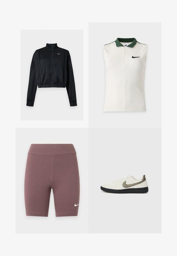 Black long-sleeve cropped zip-up jacket with high collar and white Nike swoosh logo on the left chest.; Sleeveless white Nike top with ribbed texture, dark green collar, half zipper, and black Nike swoosh on the chest.; Biker shorts in a muted mauve color, made of stretchy fabric. Features a high waistband and a small white Nike swoosh logo.; Nike Sportswear FIELD GENERAL - Trainers - off-white/black