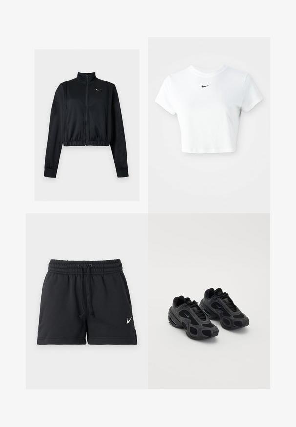 Black long-sleeve cropped zip-up jacket with high collar and white Nike swoosh logo on the left chest.; White cropped t-shirt made of cotton, featuring short sleeves and a round neckline, with a black Nike logo on the chest.; Black Nike athletic shorts with elastic waistband, drawstring, side pockets, and white swoosh logo on left leg.; Black Nike sneakers with mesh and suede panels, unique cutouts, and padded collars. Shiny accents on the sides highlight a modern design.