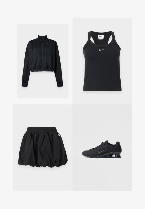Μαύρο cropped μπουφάν με μακριά μανίκια, φερμουάρ, ψηλό γιακά και λευκό λογότυπο Nike Swoosh στο αριστερό στήθος.; Μαύρο ριμπ crop top Nike με racerback και λευκό λογότυπο Nike swoosh κεντραρισμένο κάτω από το λαιμόκοψη.; Μαύρη μίνι φούστα Nike με ελαστική μέση και ρόδινο τελείωμα, με μικρό λευκό λογότυπο Nike στη δεξιά πλευρά.; Μαύρα αθλητικά παπούτσια Nike με υφασμάτινο επάνω μέρος, κομψό σχέδιο, σύστημα κορδονιών και ορατή μονάδα αέρα στη φτέρνα. Μινιμαλιστική διακριτική σήμανση.