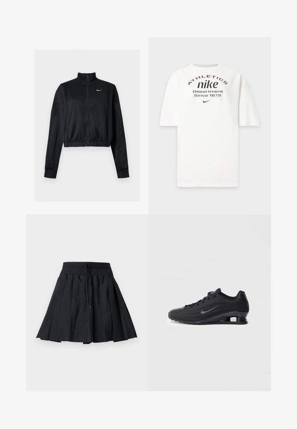 Μαύρο cropped μπουφάν με μακριά μανίκια, φερμουάρ, ψηλό γιακά και λευκό λογότυπο Nike Swoosh στο αριστερό στήθος.; Λευκό μπλουζάκι Nike με μαύρο κείμενο "ATHLETICS nike Department Since 1972" και μικρό λογότυπο Nike swoosh κάτω από το κείμενο.; Μαύρη πλισέ φούστα με ελαστική μέση και κορδόνι, μήκους μέχρι το γόνατο, σε απλό ανοιχτό γκρι φόντο.; Μαύρα αθλητικά παπούτσια Nike με υφασμάτινο επάνω μέρος, κομψό σχέδιο, σύστημα κορδονιών και ορατή μονάδα αέρα στη φτέρνα. Μινιμαλιστική διακριτική σήμανση.
