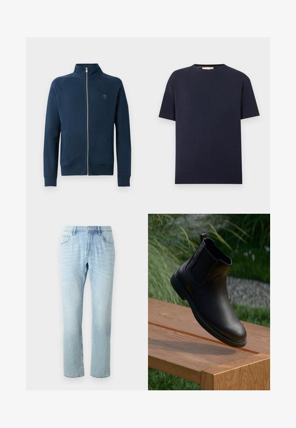 Laivastonsininen vetoketjullinen huppari korkean kauluksen, ribbausten yläosien ja helmassa; vasemmassa rinnassa pieni brodeerattu logo. Silkkinen kangas.; Laivastonsininen lyhythihainen pyöreäkauluksinen T-paita, jossa on hienovarainen vaakasuora ribbineulos, esitetty yksinkertaisella valkoisella taustalla.; Vaaleansiniset farkut suoralla lahkeella, joissa on viisi taskua, hieno haalistuma ja metallinen nappi vyötäröllä.; Musta nahkainen nilkkuri, jossa on joustavat sivupaneelit, pyöreä kärki ja kuvioitu kumipohja, ilmassa puisella pöydällä.