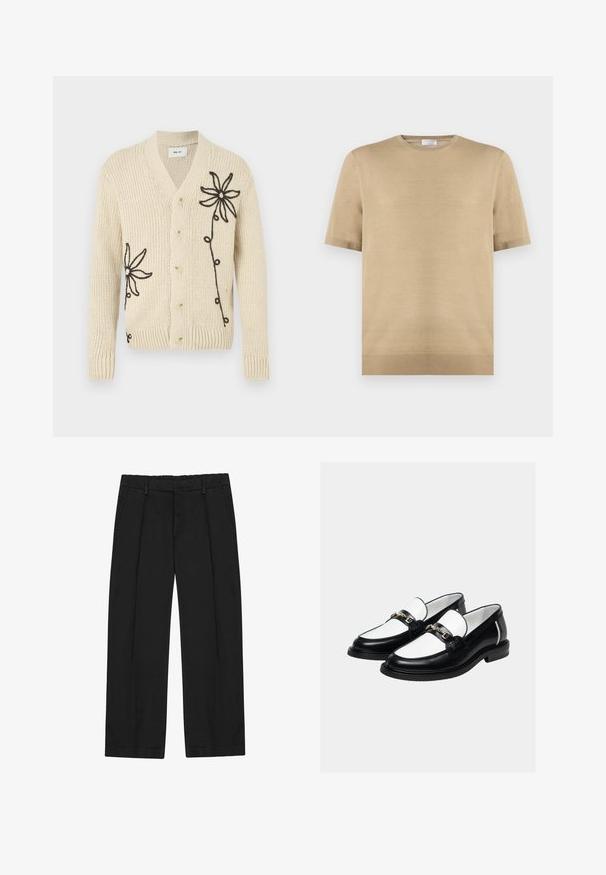 Cardigan beige en tricot avec un col en V, orné de broderies florales noires et cinq boutons sur le devant. Poignets et ourlet côtelés.; Pull en maille beige à manches courtes avec encolure ronde et ourlet côtelé, posé à plat sur fond blanc.; Pantalon noir à coupe droite, avec des plis, des poches latérales et une ceinture plate. Confectionné dans un tissu lisse à finition mate.; Paire de mocassins en cuir noir et blanc avec un détail de chaîne dorée sur le dessus, sur un fond clair uni.