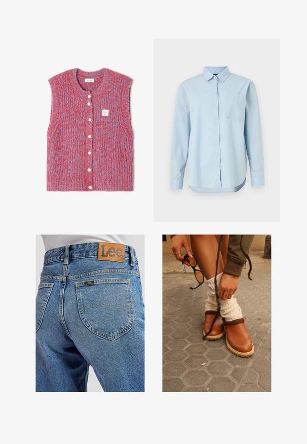 Strickweste ohne Ärmel in Rot- und Blautönen, mit Rundhalsausschnitt, weißen Knöpfen und einem kleinen Markenetikett auf der Vorderseite.; Hellblaues Button-Down-Hemd aus Baumwolle, mit einem klassischen Kragen, langen Ärmeln, einer einzelnen Brusttasche und einem abgerundeten Saum.; Blaue Jeans aus Denim mit Gesäßtaschen, die gelbe Nähte und ein braunes Lederpatch der Marke Lee am Bund aufweisen.; Person trägt braune Slipper und weiße Beinwärmer, hält schwarze Sonnenbrille, sichtbare Handtätowierungen und Ringe, steht auf Steinpflaster.